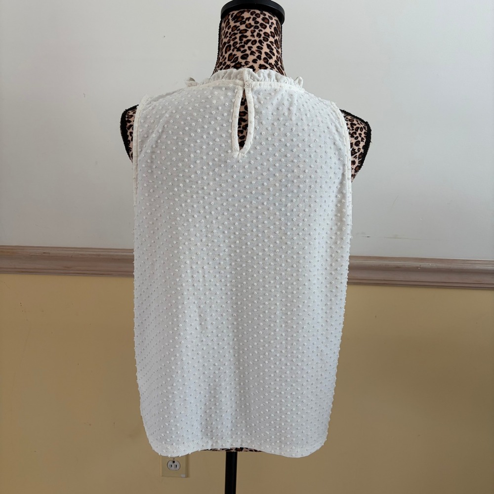 J.Crew Womens White Swiss Dot Pintuck Ruffle Neck Sleeveless Blouse Top Size M - Picture 2 of 4